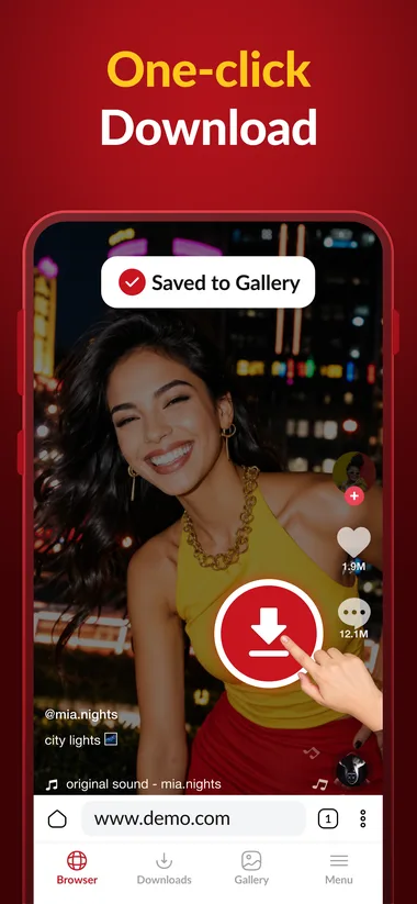 One tap on the red button downloads the video